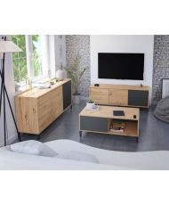 Sideboard 2 Türen 3 Schubladen – Melamin-Spanplatte – Eiche und Schwarz – BROOKLYN 154 cm x 41 cm x 74 cm