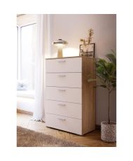 Commode BASJANA - 5 tiroirs - chêne sonoma et blanc mat - 80,2 x 41,3 x 123,8 cm