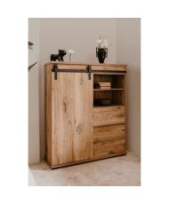 Buffet MANZANO - chêne Flagstaff - 1 Porte coulissante + 3 tiroirs + 2 niches - 120 x 140 x 40 cm