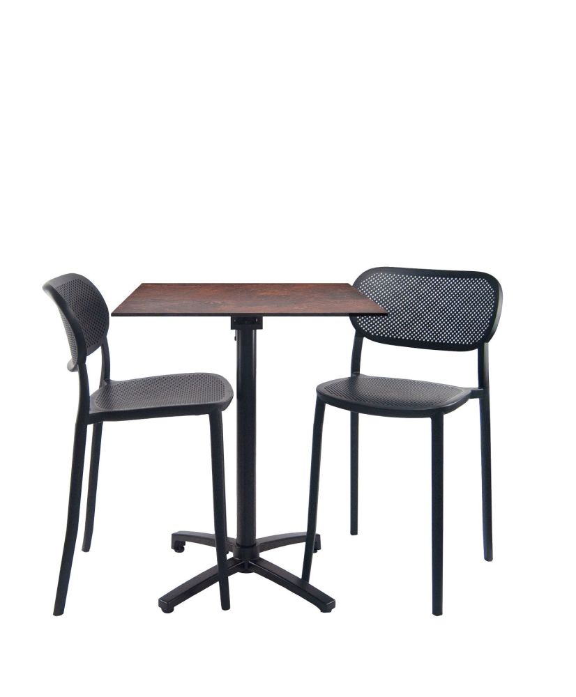 Foldable rust table, height 90 cm + 2 high chairs for terrace Foldable rust table, height 90 cm + 2 high chairs for terrace