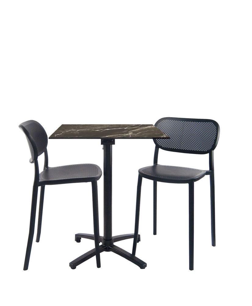 Foldable veined marble table, height 90 cm + 2 high chairs for terrace Foldable veined marble table, height 90 cm + 2 high chairs for terrace
