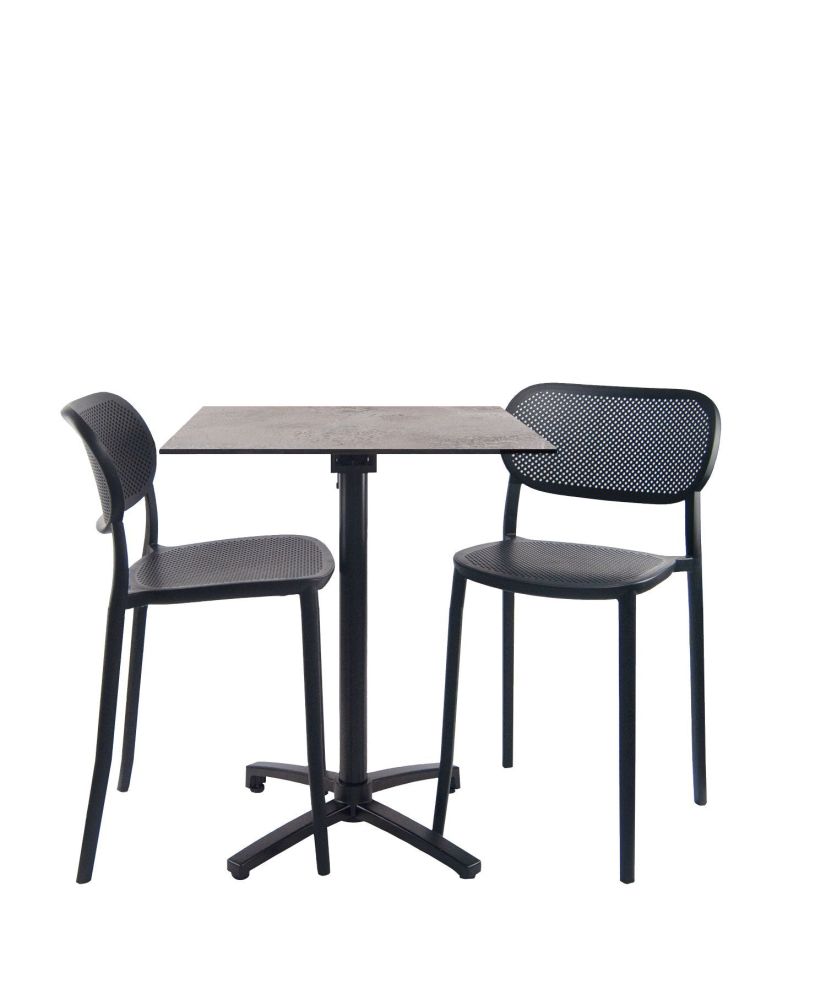 Klappbarer Tisch aus hellem Stein, Höhe 90 cm + 2 Hochstühle für die Terrasse Klappbarer Tisch aus hellem Stein, Höhe 90 cm + 2 Hochstühle für die Terrasse