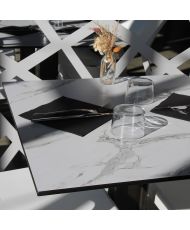 Table height 90 cm, foldable for terrace in Compact HPL white marble decor 70 x 70
