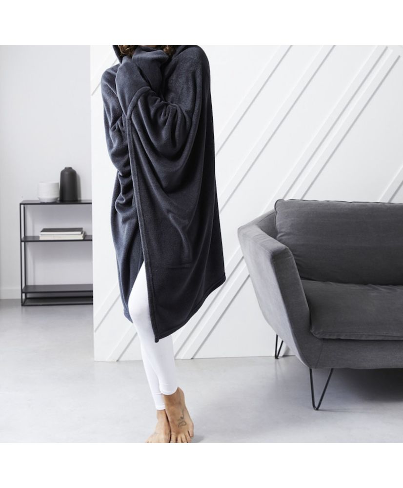 Coperta scozzese in pile con maniche e cappuccio color carbone 165 x 115 cm Coperta scozzese in pile con maniche e cappuccio color carbone 165 x 115 cm