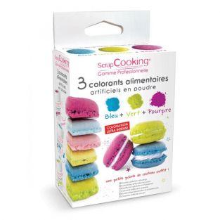 3 colorants alimentaires - bleu, vert, pourpre 