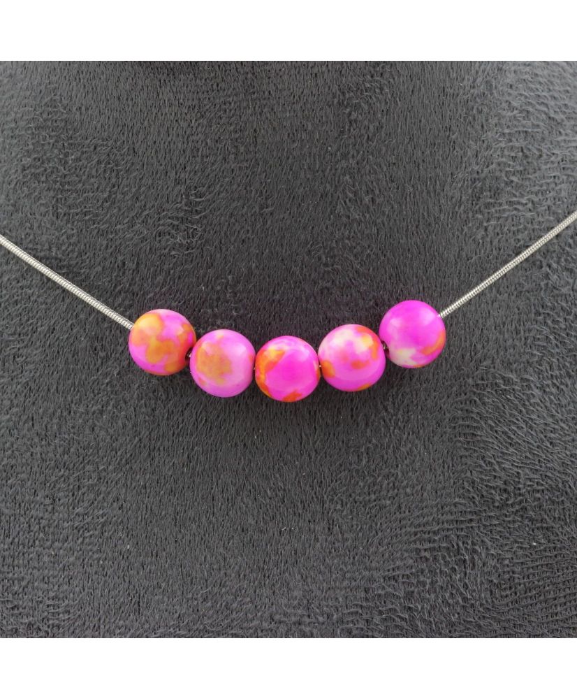 Collier 5 perles Jaspe rose jaune 8 mm Chaine en inox Collier 5 perles Jaspe rose jaune 8 mm Chaine en inox