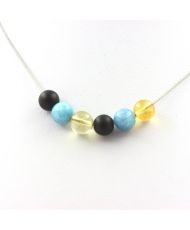 Collier perles Citrine + Calcédoine bleu + Onyx noir mat 8 mm Chaine en inox