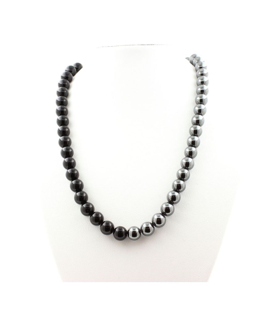 Collier perles Agate noire + Hématite 8 mm Chaine en inox
