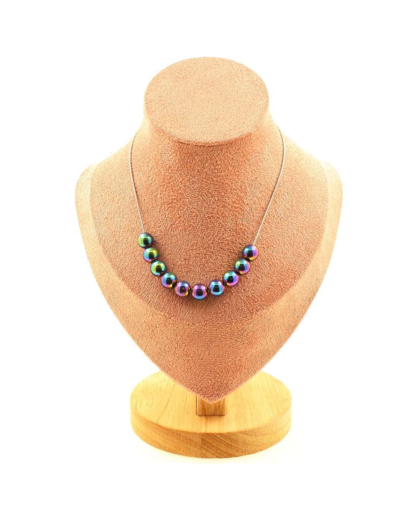 Collier 10 perles Hématite multicolore 8 mm Chaine en inox Collier 10 perles Hématite multicolore 8 mm Chaine en inox