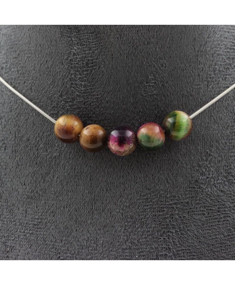 Collar con 5 cuentas Ojo de Tigre Fucsia Bicolor Cadena de acero inoxidable de 8 mm Collar con 5 cuentas Ojo de Tigre Fucsia Bicolor Cadena de acero inoxidable de 8 mm