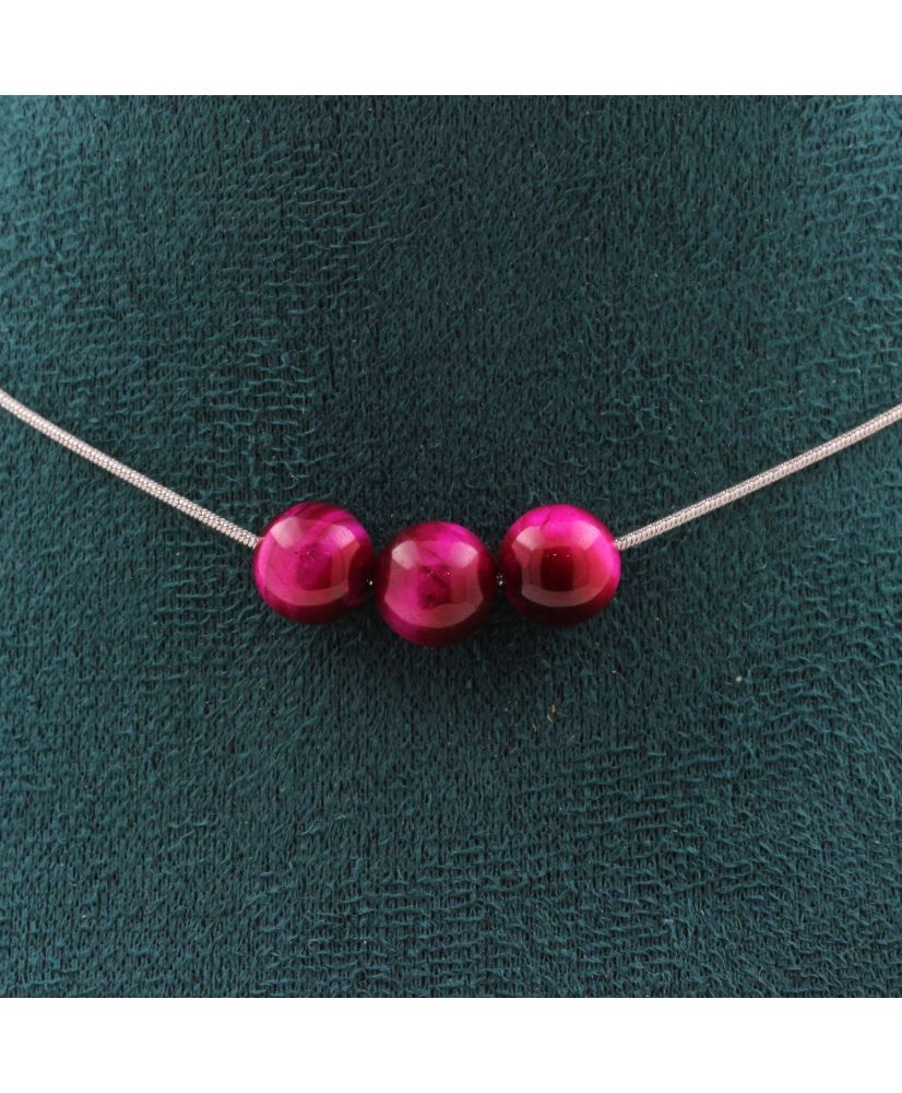Collier 3 perles Oeil de Tigre fuschia 8 mm Chaine en inox Collier 3 perles Oeil de Tigre fuschia 8 mm Chaine en inox
