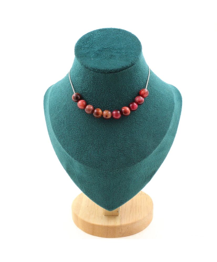 Collar con 10 cuentas Ojo de Tigre melocotón bicolor 8 mm, cadena de acero inoxidable Collar con 10 cuentas Ojo de Tigre melocotón bicolor 8 mm, cadena de acero inoxidable