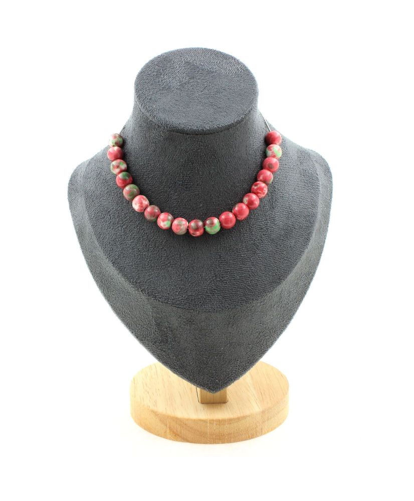 Collier 20 perles Jaspe vert rouge 8 mm Chaine en inox Collier 20 perles Jaspe vert rouge 8 mm Chaine en inox