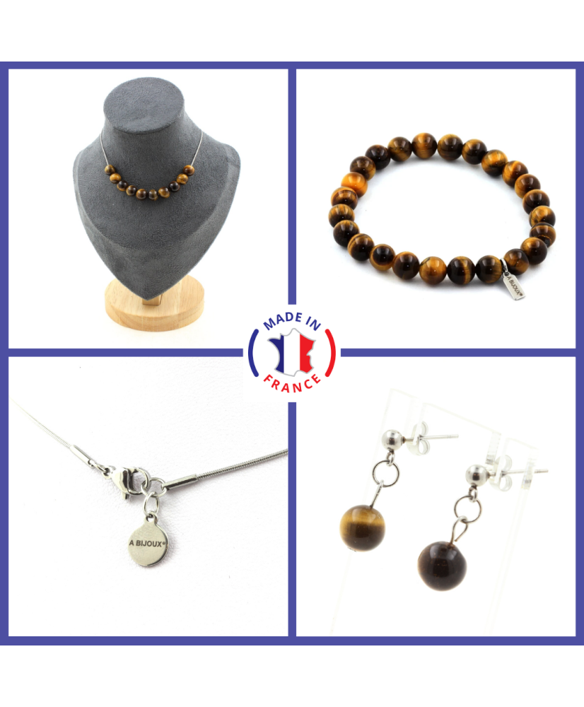 Conjunto Pulsera Collar Pendientes Chips 10 cuentas Ojo de Tigre Cadena de acero inoxidable de 8 mm Conjunto Pulsera Collar Pendientes Chips 10 cuentas Ojo de Tigre Cadena de acero inoxidable de 8 mm