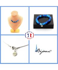 Conjunto de joyas Pulsera Collar 10 cuentas Ágata laminada azul Cadena de acero inoxidable de 8 mm