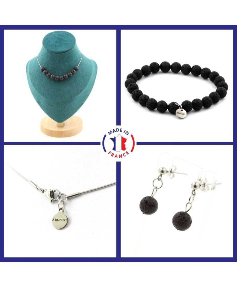 Conjunto Pulsera Collar Pendientes Chips 10 Cuentas de lava Cadena de acero inoxidable de 8 mm Conjunto Pulsera Collar Pendientes Chips 10 Cuentas de lava Cadena de acero inoxidable de 8 mm