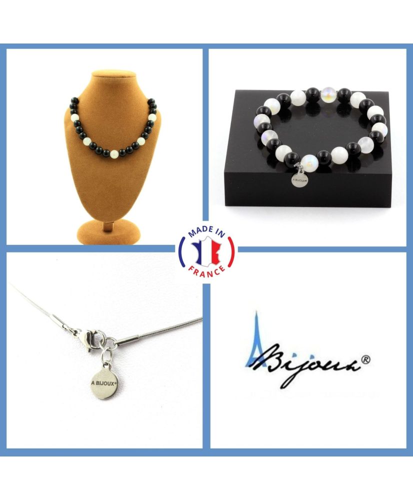 Parure bijoux Bracelet Collier Perles Agate noire + Pierre de Lune 8 mm Chaine en inox Parure bijoux Bracelet Collier Perles Agate noire + Pierre de Lune 8 mm Chaine en inox