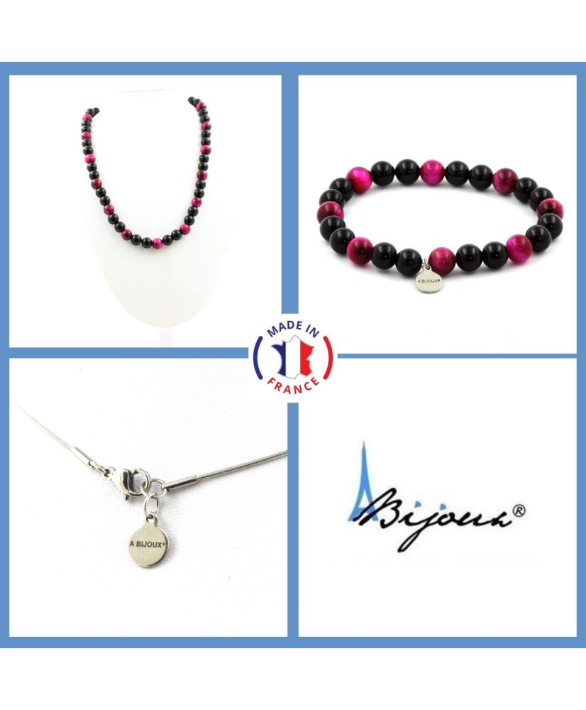 Schmuckset Armband Halskette Schwarze Achatperlen + Fuchsia Tigerauge 8 mm Edelstahlkette Schmuckset Armband Halskette Schwarze Achatperlen + Fuchsia Tigerauge 8 mm Edelstahlkette