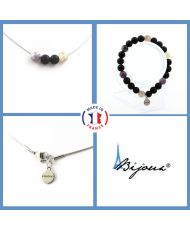 Armband-Halsketten-Set, lila Glimmerperlen aus Tansania + mattschwarzer Onyx, 8 mm Edelstahlkette