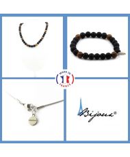 Schmuckset Armband Halskette Perlen Mattschwarzer Onyx + Holz 8 mm Edelstahlkette