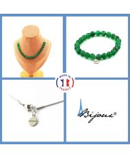 Parure bijoux Bracelet Collier 20 perles Agate verte 8 mm Chaine en inox