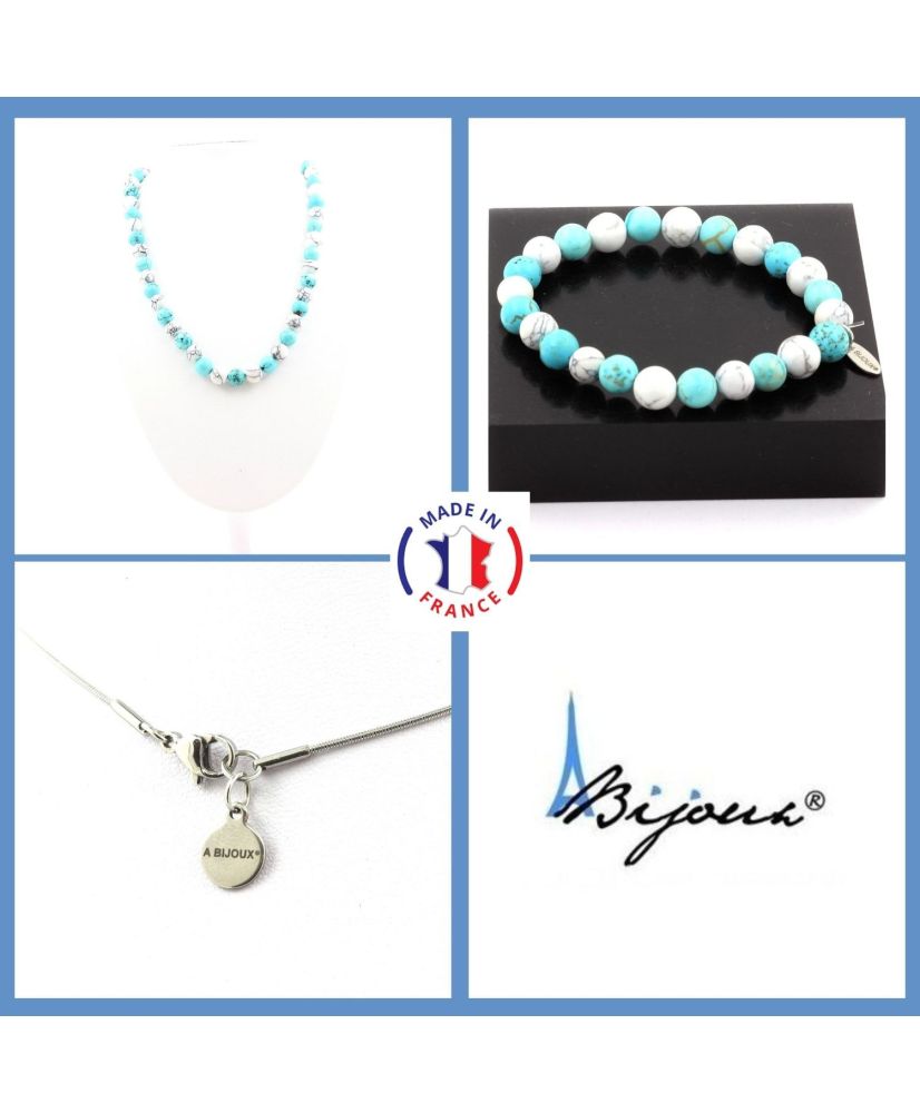 Set di gioielli Bracciale Collana Perline di howlite + Howlite turchese 8 mm Catena in acciaio inossidabile Set di gioielli Bracciale Collana Perline di howlite + Howlite turchese 8 mm Catena in acciaio inossidabile
