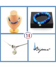 Conjunto de joyas Pulsera Collar 20 cuentas Ágata laminada azul Cadena de acero inoxidable de 8 mm
