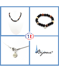 Schmuckset Armband Halskette Versteinerte Holzperlen + Mattschwarzer Onyx 8 mm Edelstahlkette
