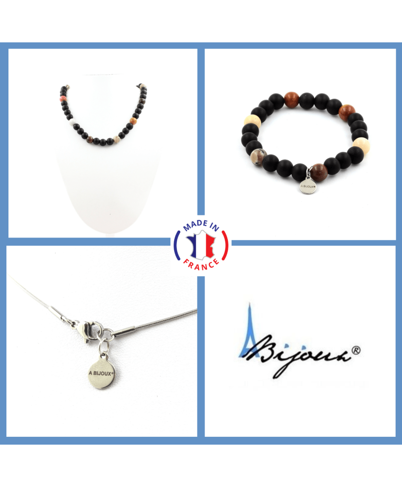 Parure bijoux Bracelet Collier Perles bois pétrifié + Onyx noir mat 8 mm Chaine en inox Parure bijoux Bracelet Collier Perles bois pétrifié + Onyx noir mat 8 mm Chaine en inox