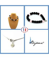 Parure bijoux Bracelet Collier Perles Onyx noir mat + Quartz rose 8 mm Chaine en inox