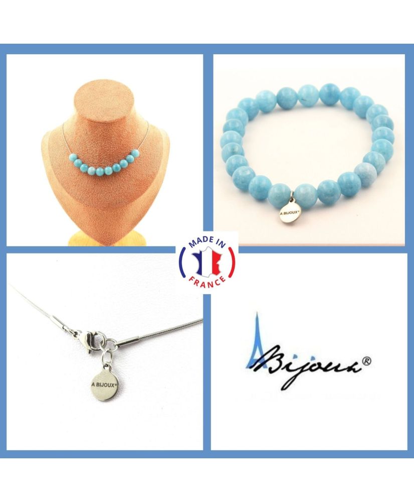 Parure bijoux Bracelet Collier 10 perles Calcédoine bleu 8 mm Chaine en inox Parure bijoux Bracelet Collier 10 perles Calcédoine bleu 8 mm Chaine en inox
