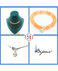Schmuckset Armband Halskette 10 orangefarbene Chalcedonperlen 8 mm Edelstahlkette