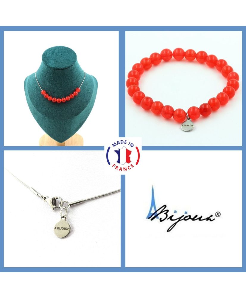 Parure bijoux Bracelet Collier 10 perles Calcédoine rouge 8 mm Chaine en inox Parure bijoux Bracelet Collier 10 perles Calcédoine rouge 8 mm Chaine en inox