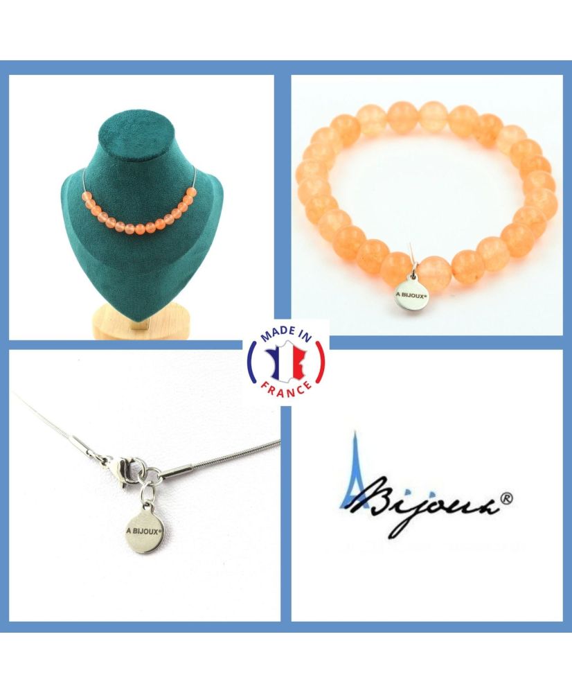 Schmuckset Armband Halskette 15 orangefarbene Chalcedonperlen 8 mm Edelstahlkette Schmuckset Armband Halskette 15 orangefarbene Chalcedonperlen 8 mm Edelstahlkette