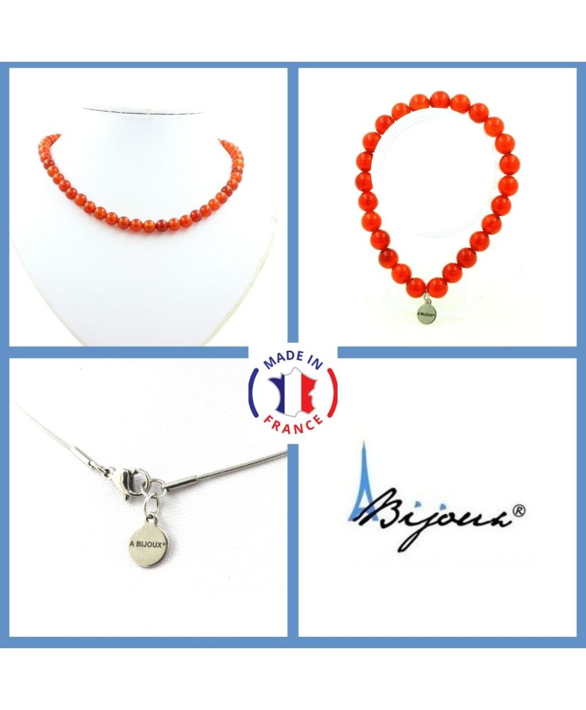 Conjunto de joyería Pulsera Collar Cuentas de cornalina de Uruguay Calidad Cadena de acero inoxidable de 5 a 8 mm