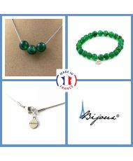 Parure bijoux Bracelet Collier 3 perles Agate verte 8 mm Chaine en inox