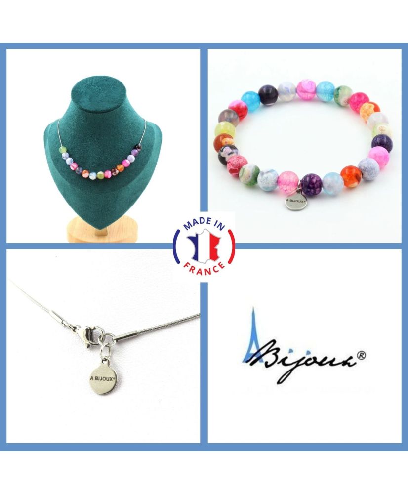 Parure di gioielli Bracciale Collana 15 perle Agata incrinata Fucsia multicolor 8 mm Catena in acciaio inossidabile Parure di gioielli Bracciale Collana 15 perle Agata incrinata Fucsia multicolor 8 mm Catena in acciaio inossidabile