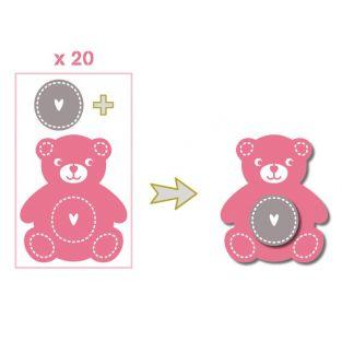 20 formes découpées nounours rose-vert-gris