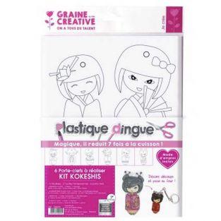2 shrink plastic sheets Kokeshis + 6 keychains