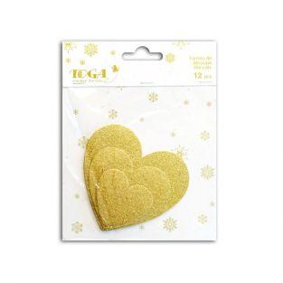 12 coeurs en bois à paillettes - doré
