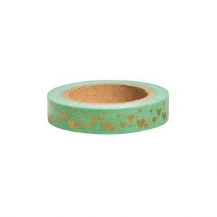 Washi Tape Cœurs dorés sur fond vert clair - 15 m x 1 cm