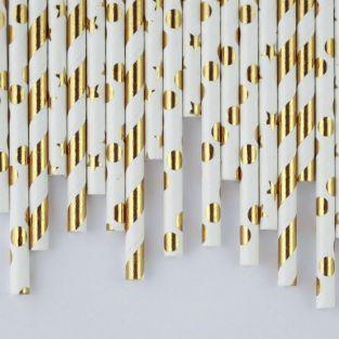 24 pailles en papier doré et blanc