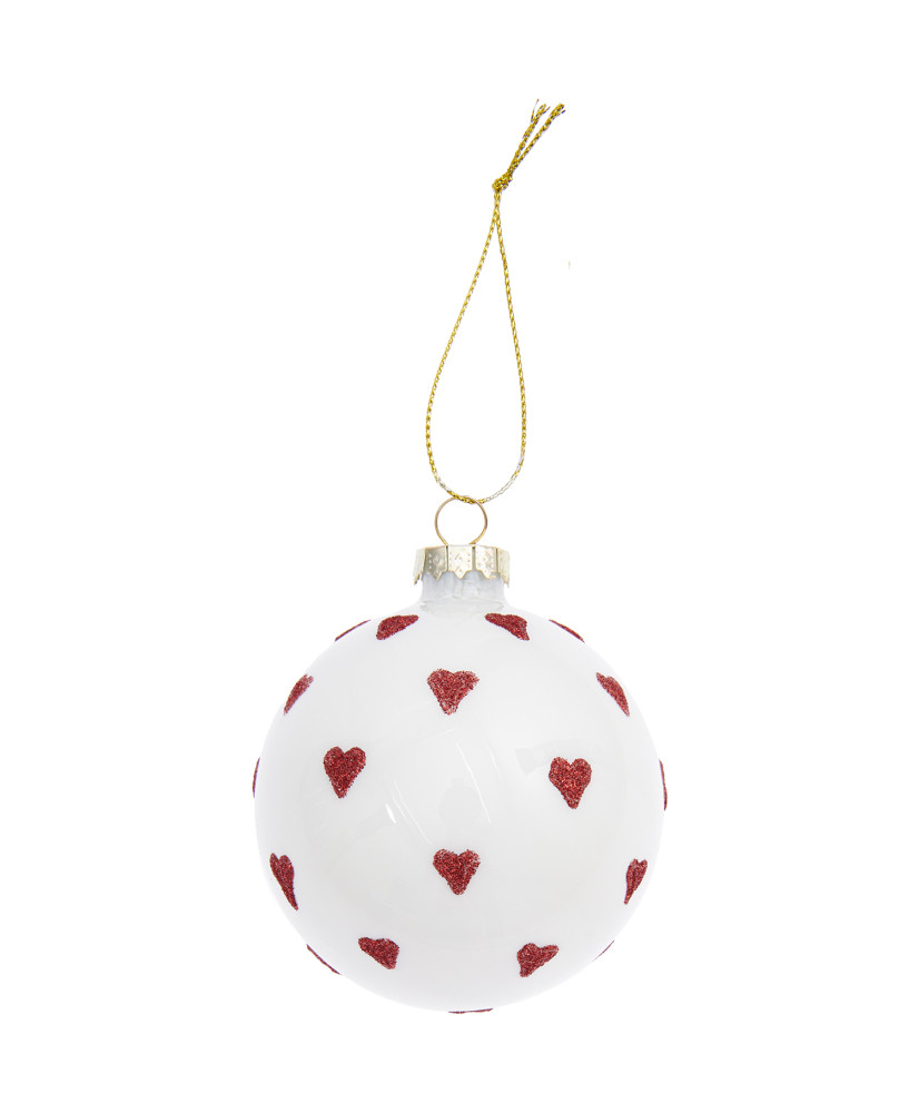 Boule de Noël en verre - blanche avec cœurs Boule de Noël en verre - blanche avec cœurs