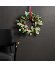 Couronne artificielle feuilles et baies rouges