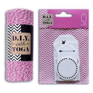 24 white perforated labels + white & fuchsia twine 100 m