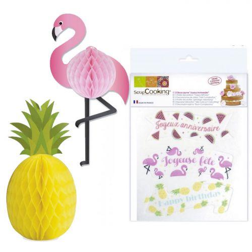 Kit anniversaire Tropical - décors azyme et boules alvéolées Kit anniversaire Tropical - décors azyme et boules alvéolées