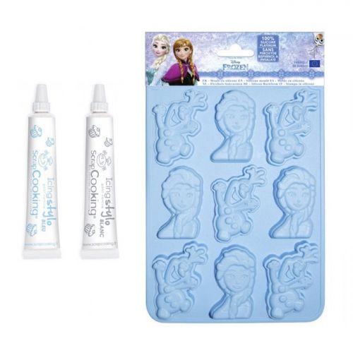 Moule à chocolats Reine des Neiges + 2 stylos glaçage bleu et blanc Moule à chocolats Reine des Neiges + 2 stylos glaçage bleu et blanc