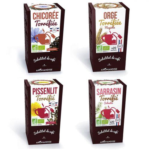 Coffret 4 céréales torréfiées Pissenlit, Orge, Sarrasin et Chicorée Coffret 4 céréales torréfiées Pissenlit, Orge, Sarrasin et Chicorée