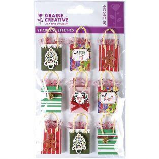 9 stickers 3D de Noël - Sac cadeau 5 cm