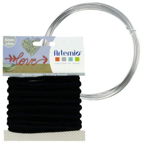 Hilo para tejer negro 5 mm x 5 m + hilo de aluminio Hilo para tejer negro 5 mm x 5 m + hilo de aluminio